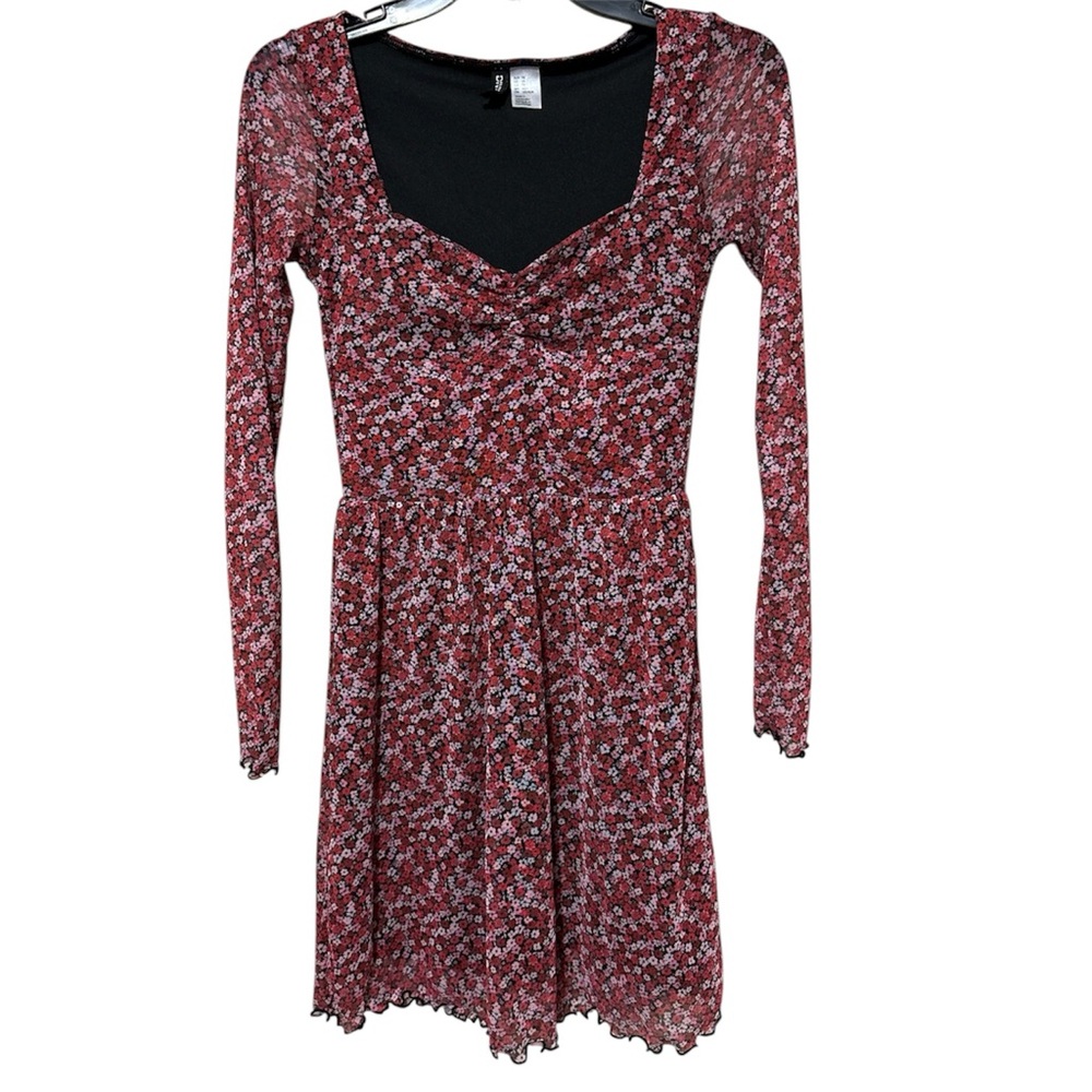Divided H&M Mesh Ditsy Floral Mini Dress Long Sleeve Lettuce Trim Red Black Pink